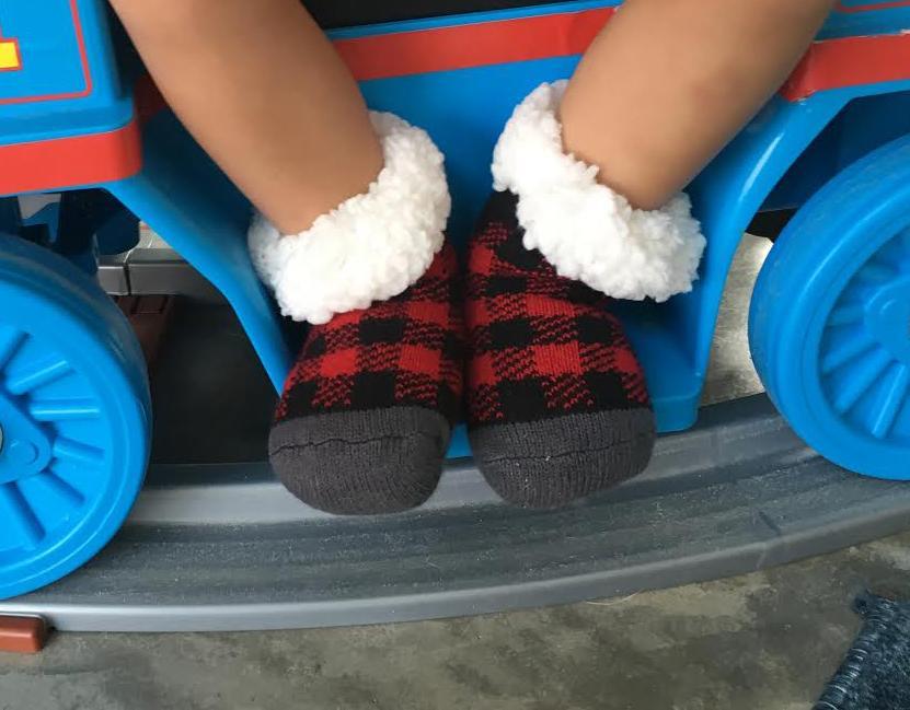 Pudus Cozy Winter Slipper Socks for Toddlers with Non-Slip Grippers and Faux Fur Sherpa Fleece - Baby Boy and Girl Fuzzy Socks (Ages 1-3) Lumberjack Red - Toddler  Slipper Sock