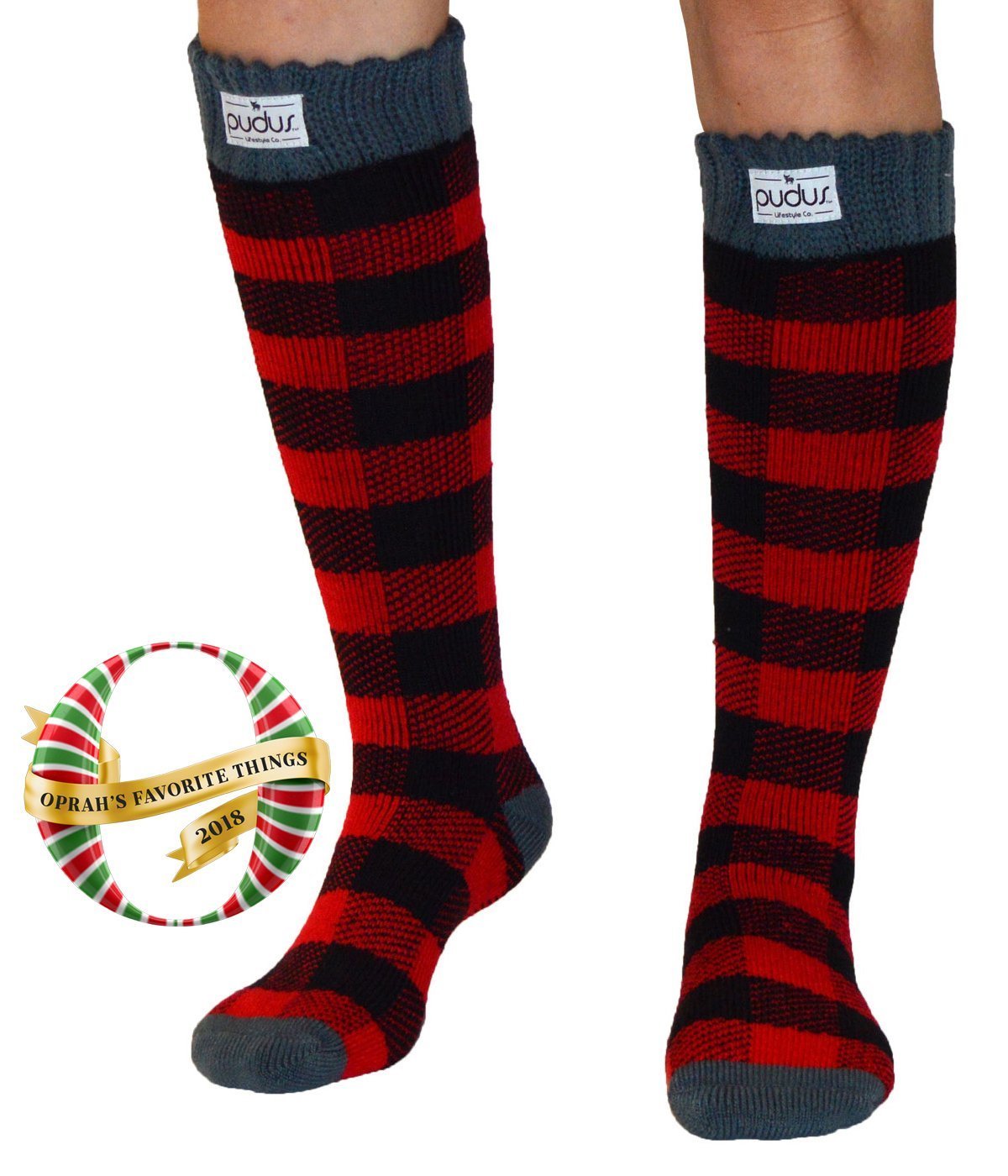 Pudus Women's Warm Tall Boot Socks (W 6-10), Fleece-Lined Knee High Winter Socks (Perfect Thermal Socks, Rain Boot Socks and Hiking Socks) Boot Sock Lumberjack Red Adult Tall