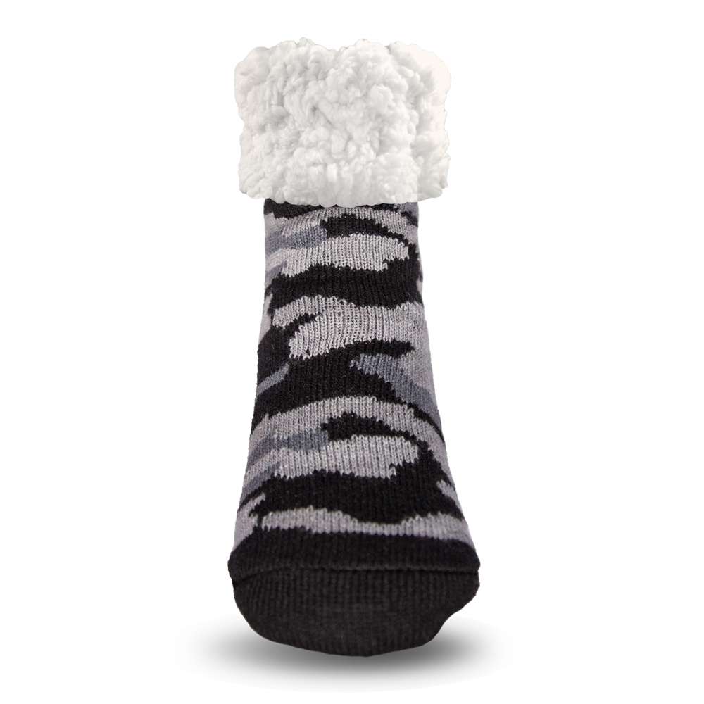 Pudus Cozy Winter Slipper Socks for Women and Men with Non-Slip Grippers and Faux Fur Sherpa Fleece - Adult Regular Fuzzy Socks Camo Grey - Classic Slipper Sock