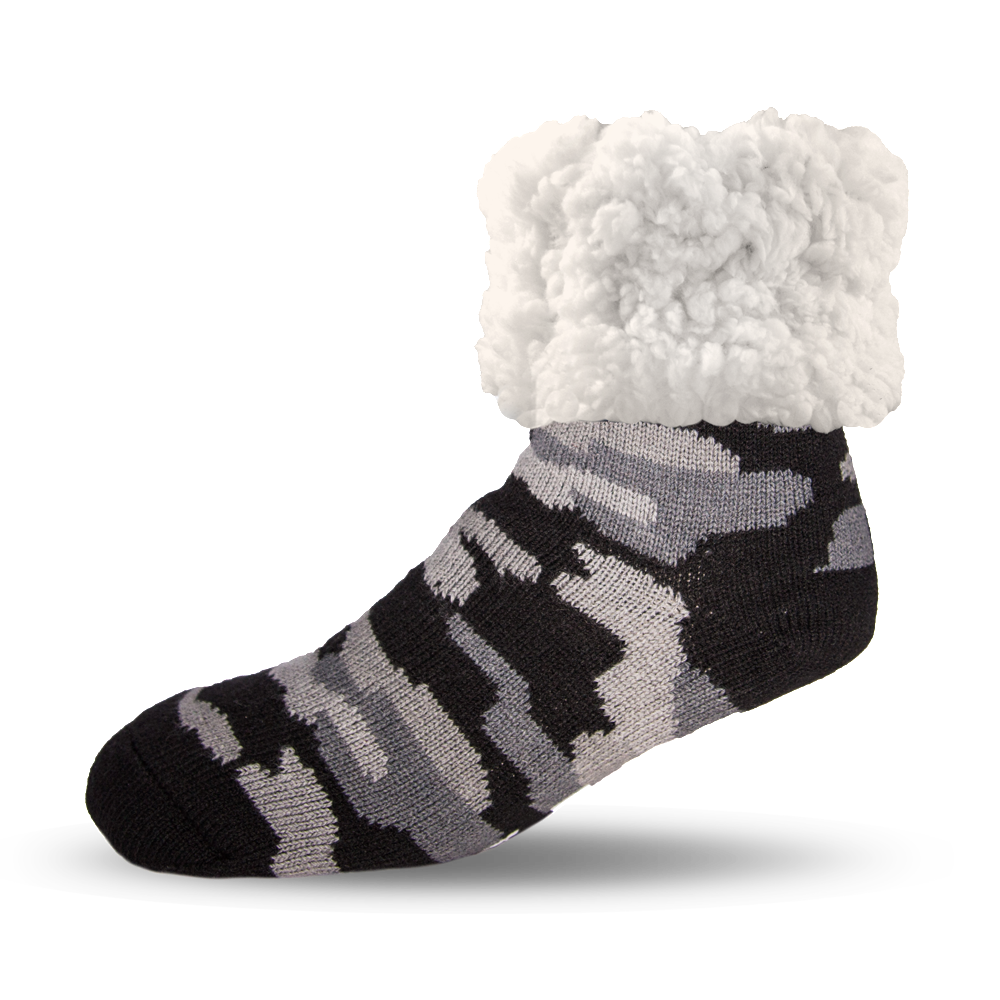 Pudus Cozy Winter Slipper Socks for Women and Men with Non-Slip Grippers and Faux Fur Sherpa Fleece - Adult Regular Fuzzy Socks Camo Grey - Classic Slipper Sock