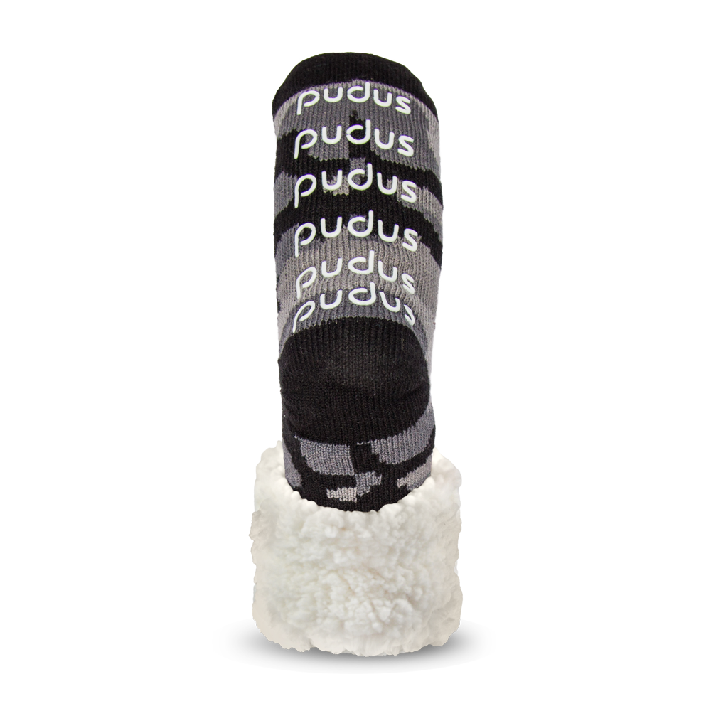 Pudus Cozy Winter Slipper Socks for Women and Men with Non-Slip Grippers and Faux Fur Sherpa Fleece - Adult Regular Fuzzy Socks Camo Grey - Classic Slipper Sock