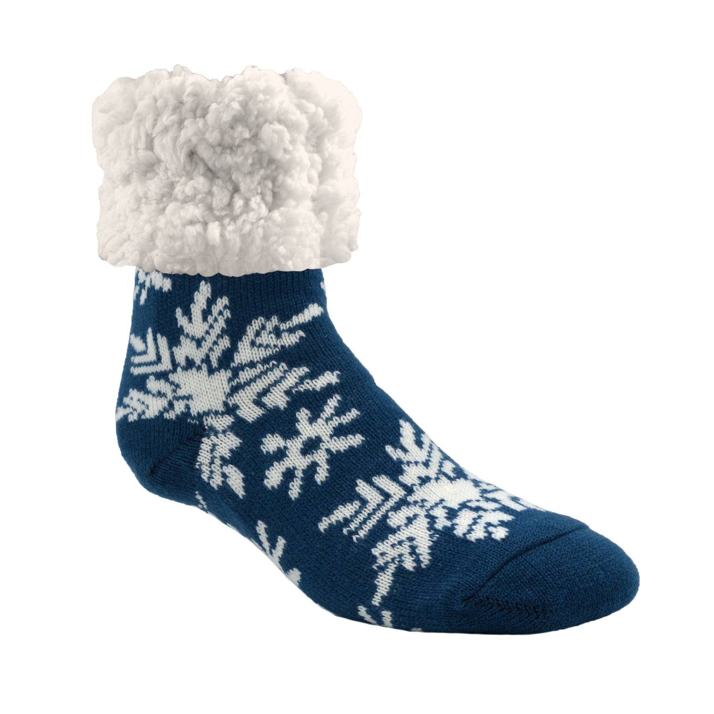 Pudus Cozy Winter Slipper Socks for Women and Men with Non-Slip Grippers and Faux Fur Sherpa Fleece - Adult Regular Fuzzy Snowflake Oxford - Classic Slipper Sock