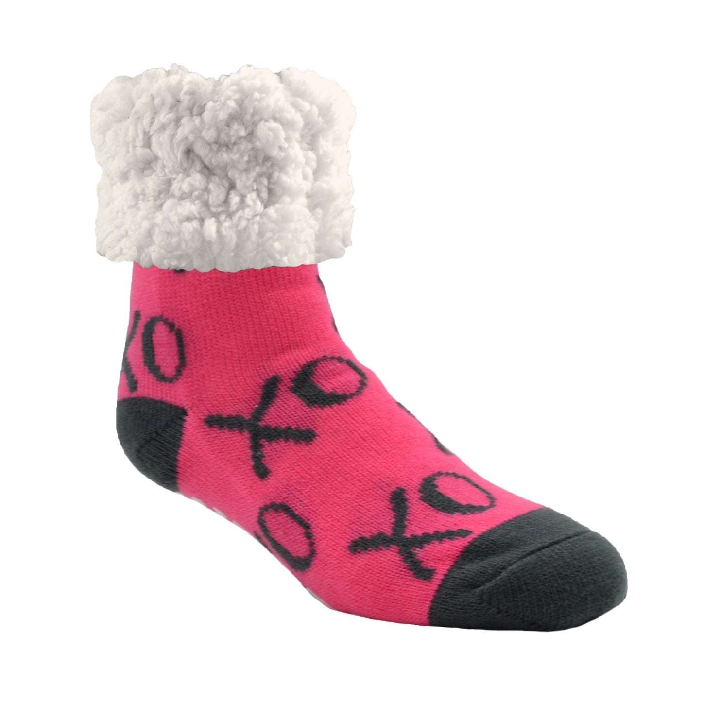 Pudus Cozy Winter Slipper Socks for Women and Men with Non-Slip Grippers and Faux Fur Sherpa Fleece - Adult Regular Fuzzy Socks XOXO Pink - Classic Slipper Sock