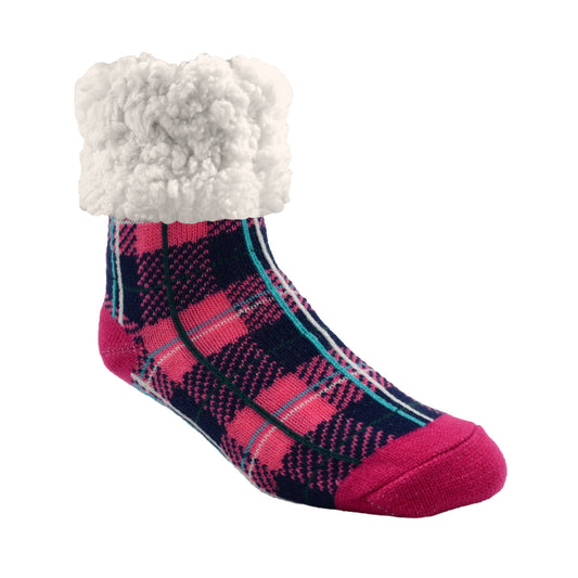 Pudus Cozy Winter Slipper Socks for Women and Men with Non-Slip Grippers and Faux Fur Sherpa Fleece - Adult Regular Fuzzy Socks Plaid Lumberjack Pink - Classic Slipper Sock