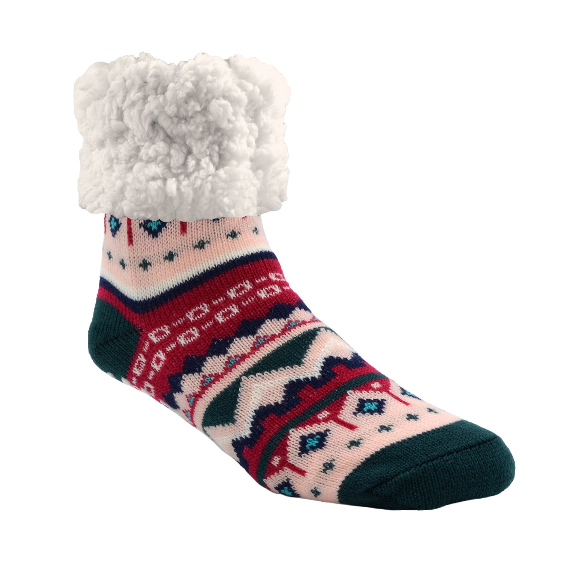 Pudus Cozy Winter Slipper Socks for Women and Men with Non-Slip Grippers and Faux Fur Sherpa Fleece - Adult Regular Fuzzy Socks Nordic Raspberry - Classic Slipper Sock