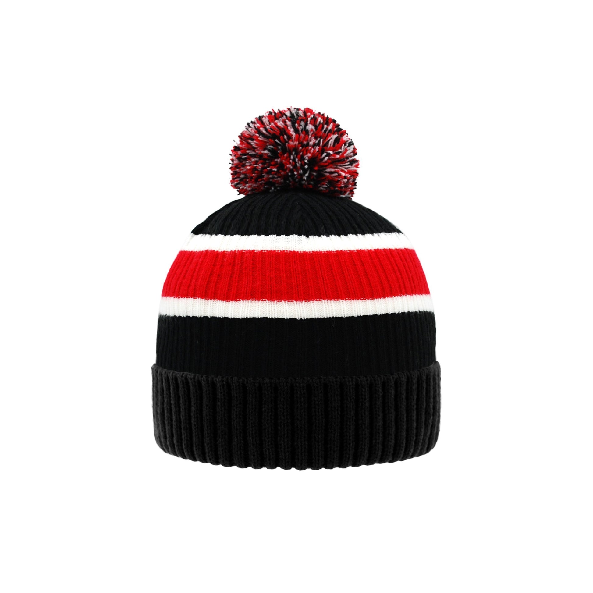 Pudus Unisex Classic Knit Winter Beanie Hat - Fluffy Pom Pom & Warm Fleece Lined Stripe Black Pom Pom Beanie Hat Adult