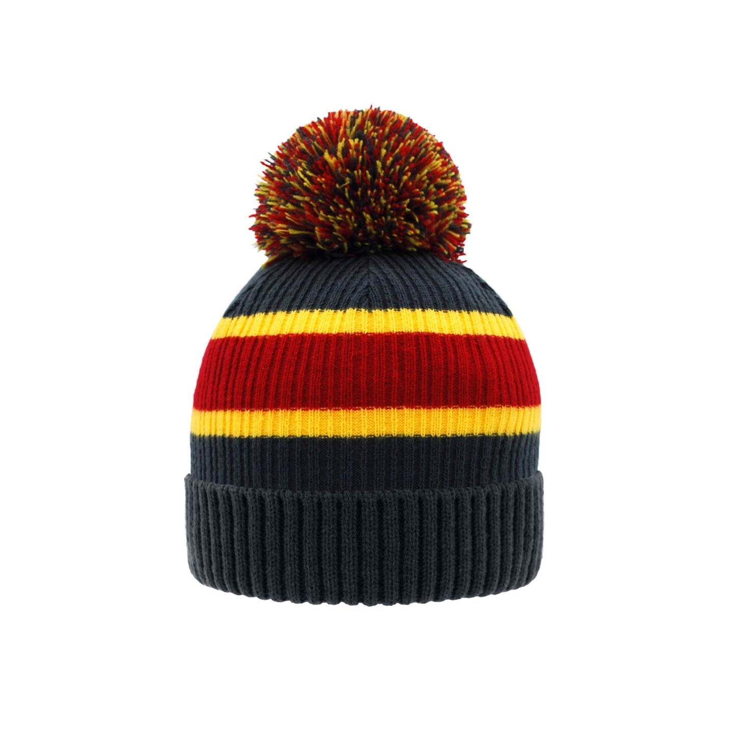 Pudus Unisex Classic Knit Winter Beanie Hat - Fluffy Pom Pom & Warm Fleece Lined Stripe Grey with Pom Pom - Hat Adult