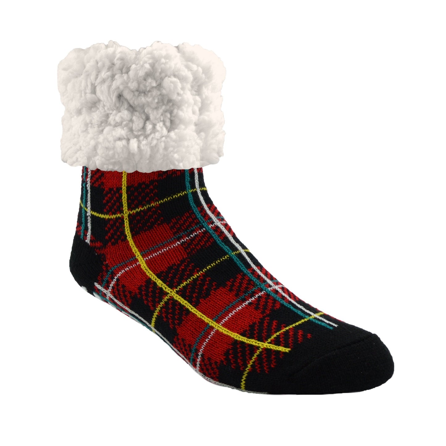 Pudus Cozy Winter Slipper Socks for Women and Men with Non-Slip Grippers and Faux Fur Sherpa Fleece - Adult Regular Fuzzy Socks Plaid Plaid Lumberjack Red - Classic Slipper Sock