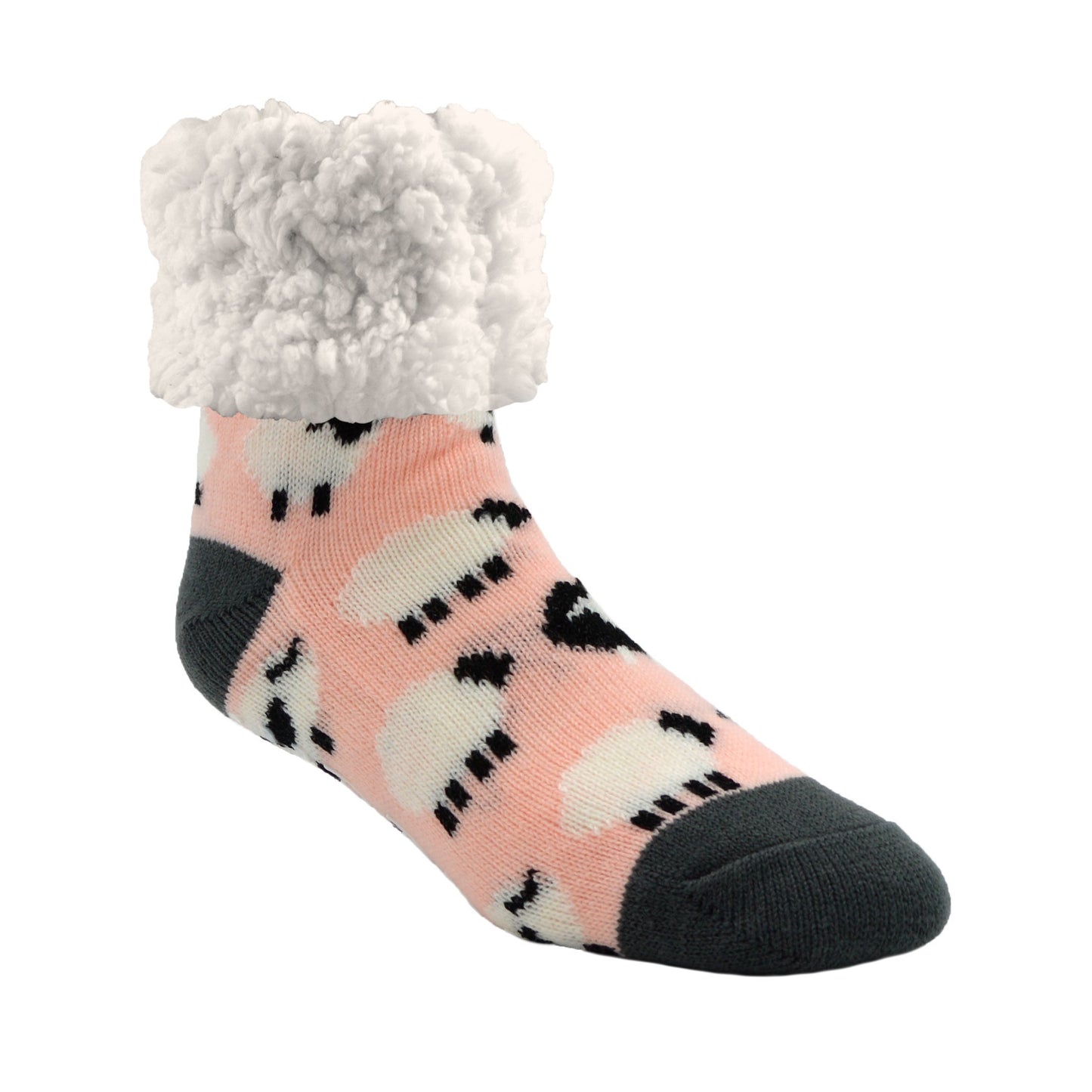 Pudus Cozy Winter Slipper Socks for Women and Men with Non-Slip Grippers and Faux Fur Sherpa Fleece - Adult Regular Fuzzy Sheep Blush - Classic Slipper Sock