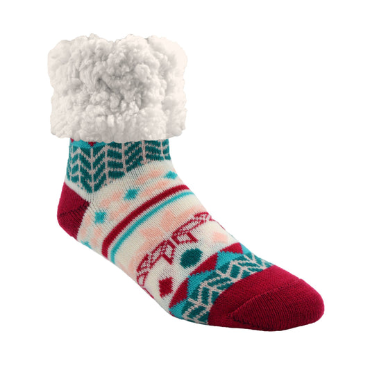 Pudus Cozy Winter Slipper Socks for Women and Men with Non-Slip Grippers and Faux Fur Sherpa Fleece - Adult Regular Fuzzy Socks Geometric Raspberry - Classic Slipper Sock