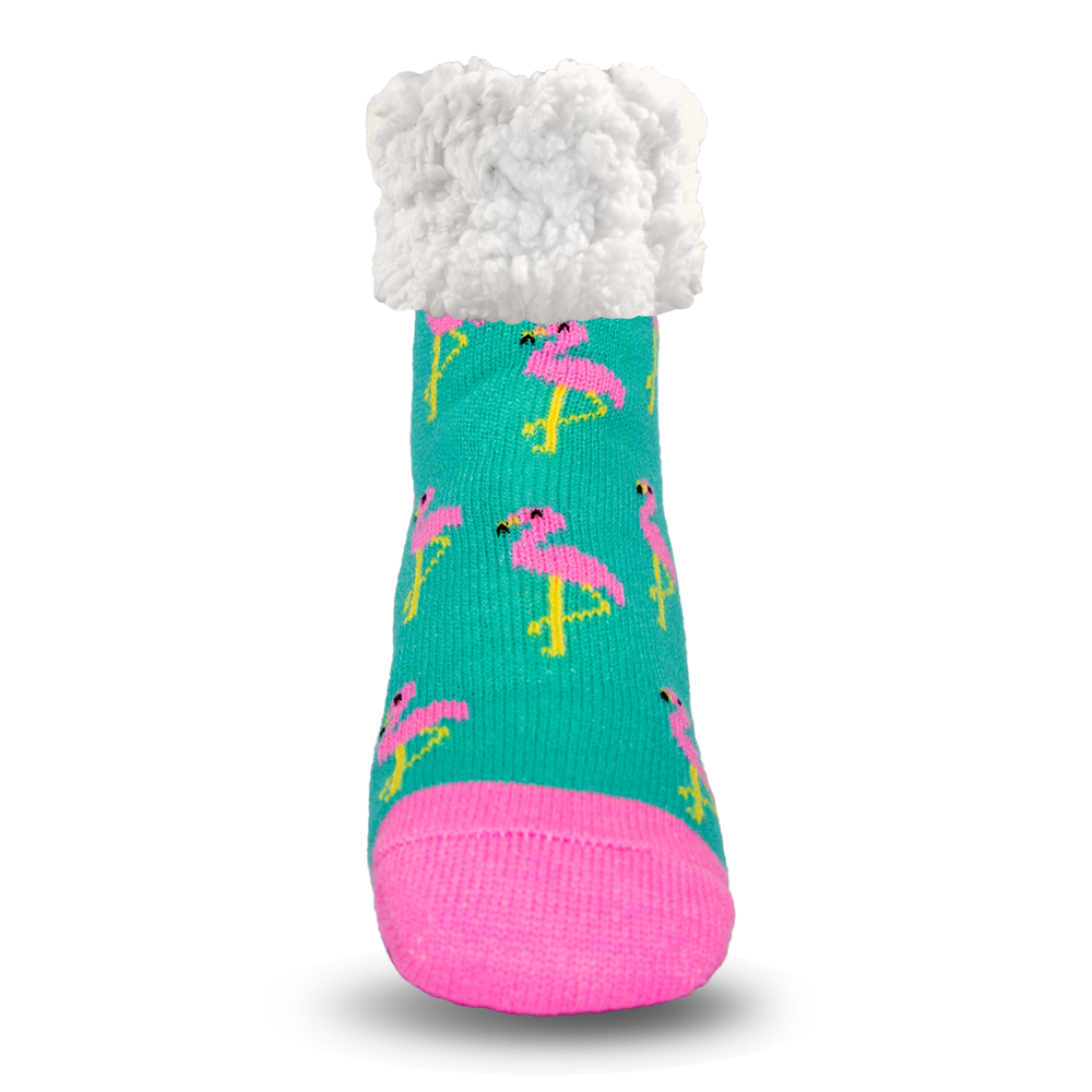 Pudus Cozy Winter Slipper Socks for Women and Men with Non-Slip Grippers and Faux Fur Sherpa Fleece - Adult Regular Fuzzy Socks Crabs - Flamingo - Classic Slipper Sock