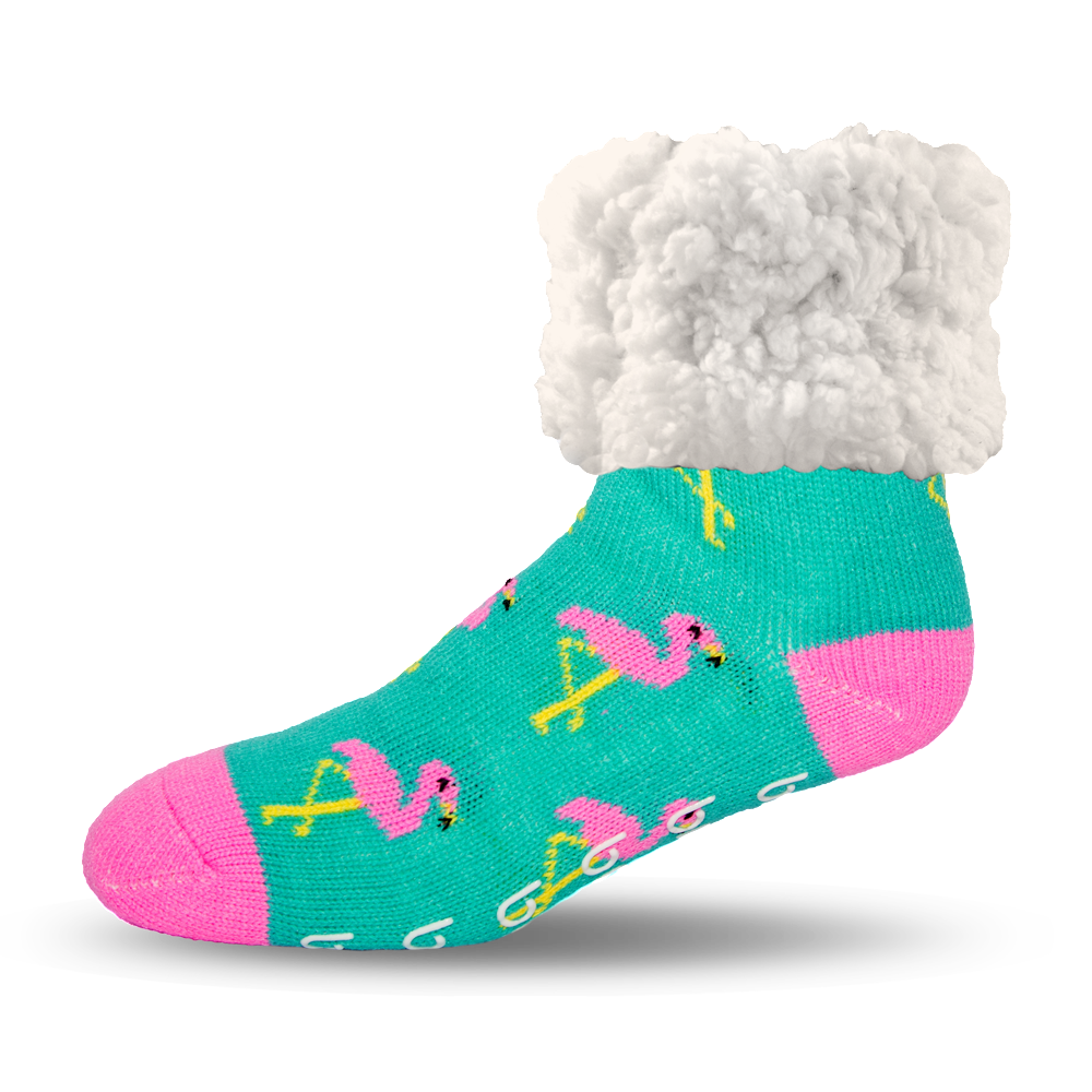 Pudus Cozy Winter Slipper Socks for Women and Men with Non-Slip Grippers and Faux Fur Sherpa Fleece - Adult Regular Fuzzy Socks Crabs - Flamingo - Classic Slipper Sock