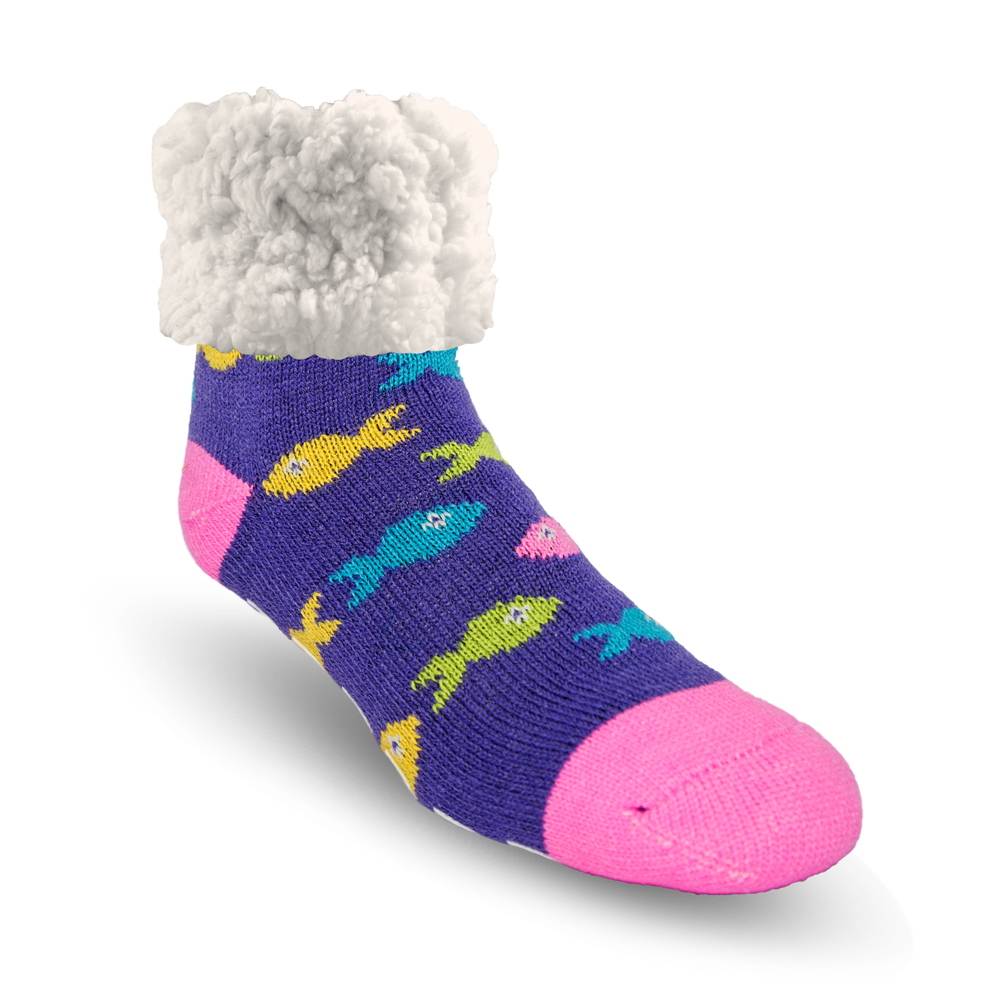 Pudus Cozy Winter Slipper Socks for Women and Men with Non-Slip Grippers and Faux Fur Sherpa Fleece - Adult Regular Fuzzy School Of Fish - Classic Slipper Sock