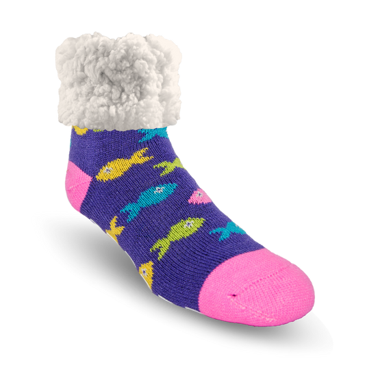 Pudus Cozy Winter Slipper Socks for Women and Men with Non-Slip Grippers and Faux Fur Sherpa Fleece - Adult Regular Fuzzy School Of Fish - Classic Slipper Sock