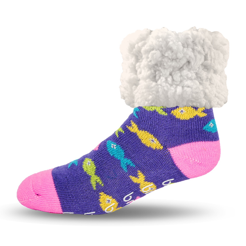 Pudus Cozy Winter Slipper Socks for Women and Men with Non-Slip Grippers and Faux Fur Sherpa Fleece - Adult Regular Fuzzy School Of Fish - Classic Slipper Sock