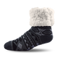 Pudus Cozy Winter Slipper Socks for Women and Men with Non-Slip Grippers and Faux Fur Sherpa Fleece - Adult Regular Fuzzy Socks Geomertic Black - Classic Slipper Sock