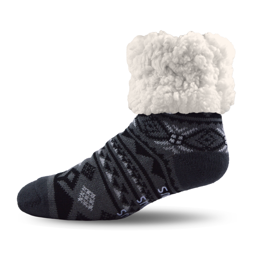 Pudus Cozy Winter Slipper Socks for Women and Men with Non-Slip Grippers and Faux Fur Sherpa Fleece - Adult Regular Fuzzy Socks Geomertic Black - Classic Slipper Sock