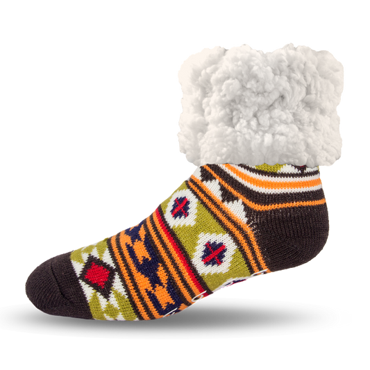 Pudus Cozy Winter Slipper Socks for Women and Men with Non-Slip Grippers and Faux Fur Sherpa Fleece - Adult Regular Fuzzy Socks Geometric Green - Classic Slipper Sock