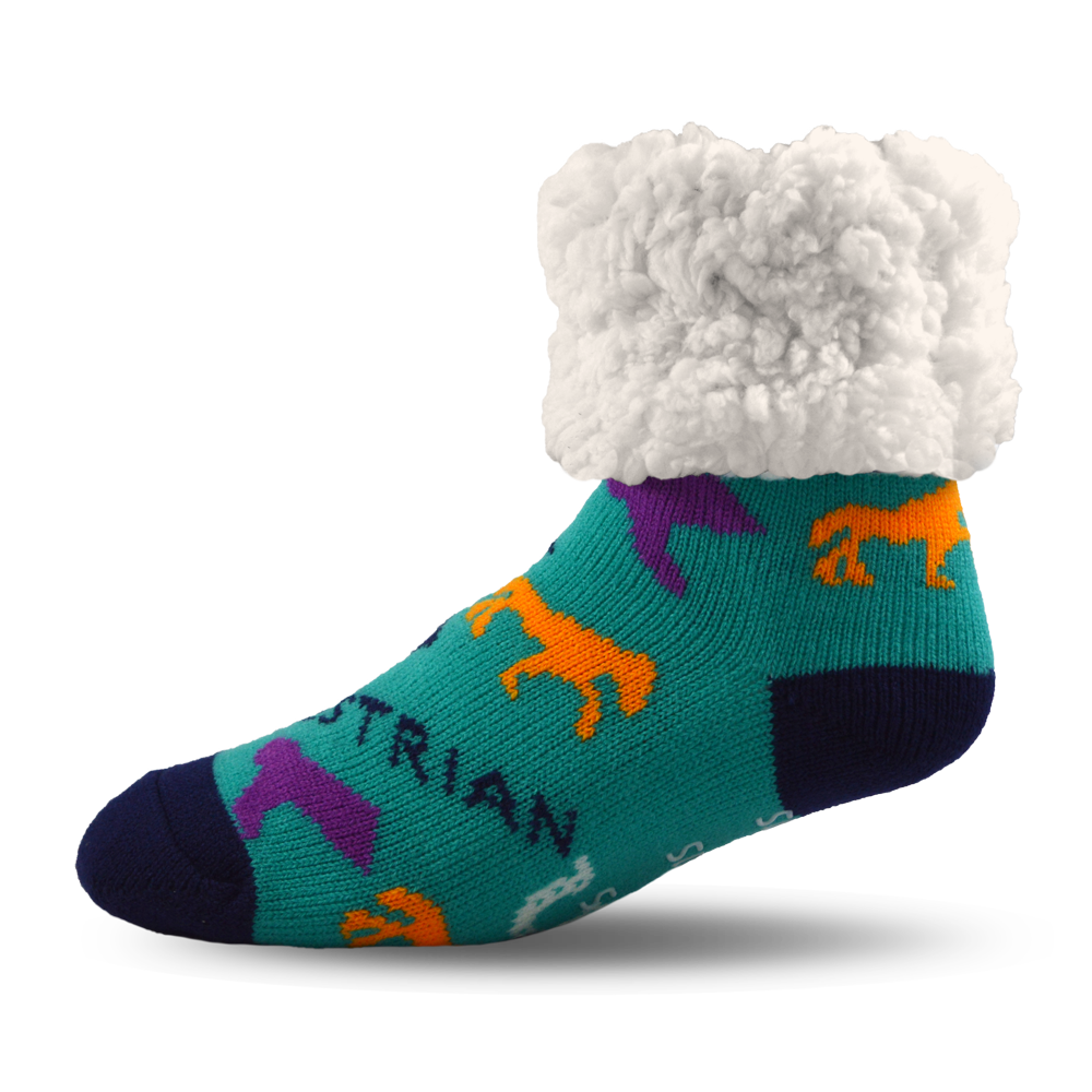 Pudus Cozy Winter Slipper Socks for Women and Men with Non-Slip Grippers and Faux Fur Sherpa Fleece - Adult Regular Fuzzy Socks Crabs - Equestrian - Classic Slipper Sock