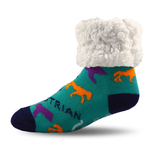 Pudus Cozy Winter Slipper Socks for Women and Men with Non-Slip Grippers and Faux Fur Sherpa Fleece - Adult Regular Fuzzy Socks Crabs - Equestrian - Classic Slipper Sock