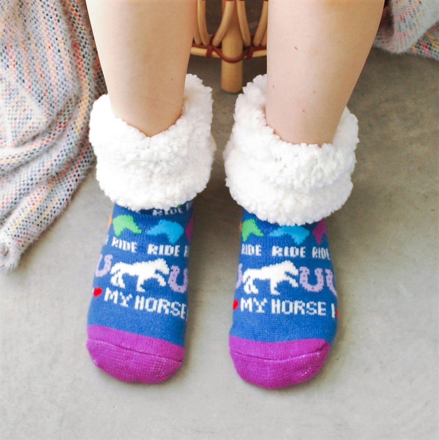 Pudus Cozy Winter Slipper Socks for Women and Men with Non-Slip Grippers and Faux Fur Sherpa Fleece - Adult Regular Fuzzy Socks I ™¡ My Horse - Classic Slipper Sock