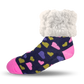Pudus Cozy Winter Slipper Socks for Women and Men with Non-Slip Grippers and Faux Fur Sherpa Fleece - Adult Regular Fuzzy Socks Heart Navy - Classic Slipper Sock