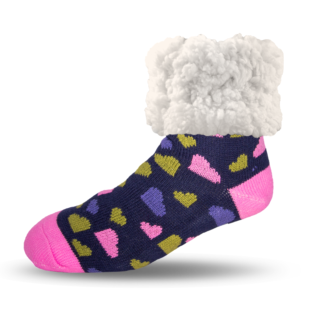 Pudus Cozy Winter Slipper Socks for Women and Men with Non-Slip Grippers and Faux Fur Sherpa Fleece - Adult Regular Fuzzy Socks Heart Navy - Classic Slipper Sock