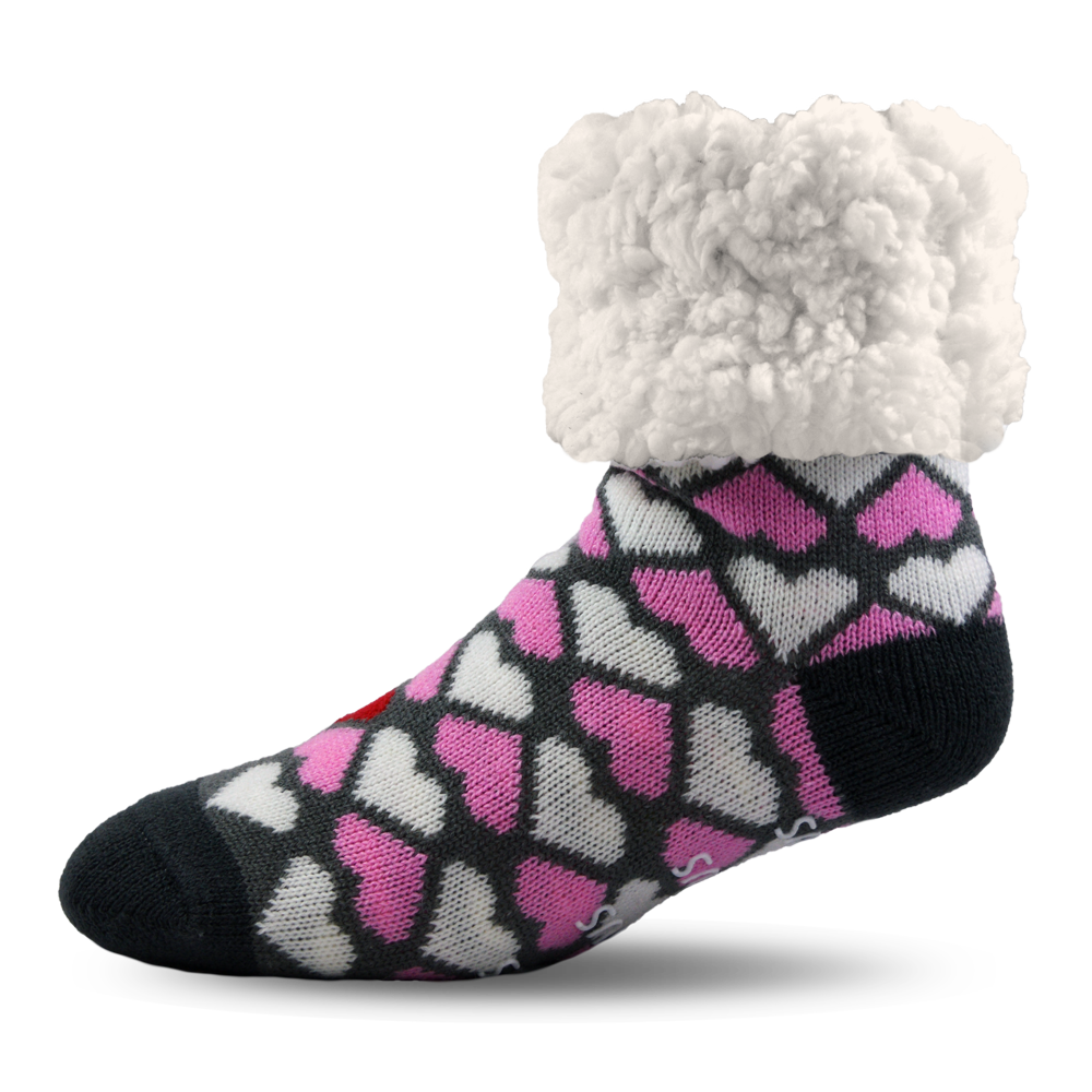 Pudus Cozy Winter Slipper Socks for Women and Men with Non-Slip Grippers and Faux Fur Sherpa Fleece -  Adult Regular Fuzzy Socks Be My Valentine - Classic Slipper Sock