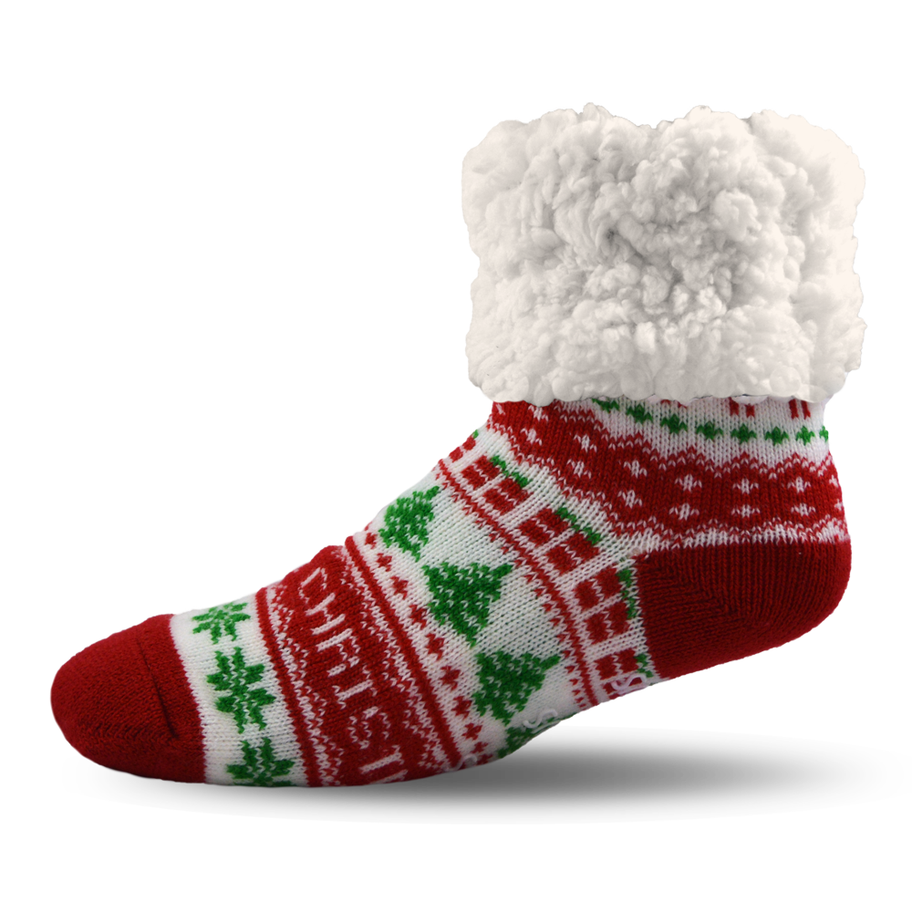 Pudus Cozy Winter Slipper Socks for Women and Men with Non-Slip Grippers and Faux Fur Sherpa Fleece - Adult Regular Fuzzy Socks I ♡ Christmas - Classic Slipper Sock