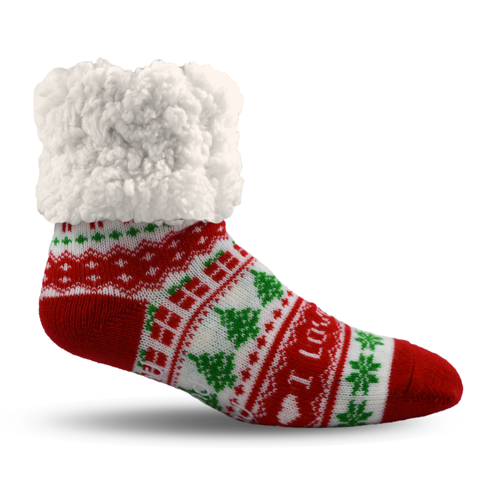 Pudus Cozy Winter Slipper Socks for Women and Men with Non-Slip Grippers and Faux Fur Sherpa Fleece - Adult Regular Fuzzy Socks I ♡ Christmas - Classic Slipper Sock