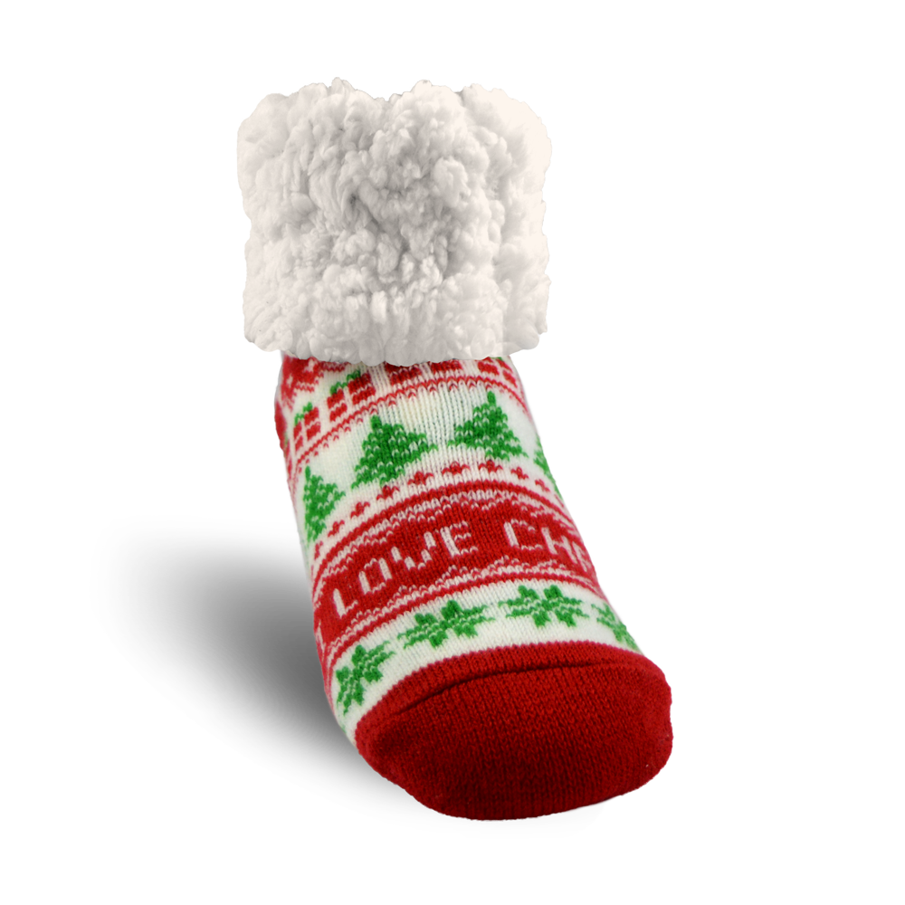 Pudus Cozy Winter Slipper Socks for Women and Men with Non-Slip Grippers and Faux Fur Sherpa Fleece - Adult Regular Fuzzy Socks I ♡ Christmas - Classic Slipper Sock