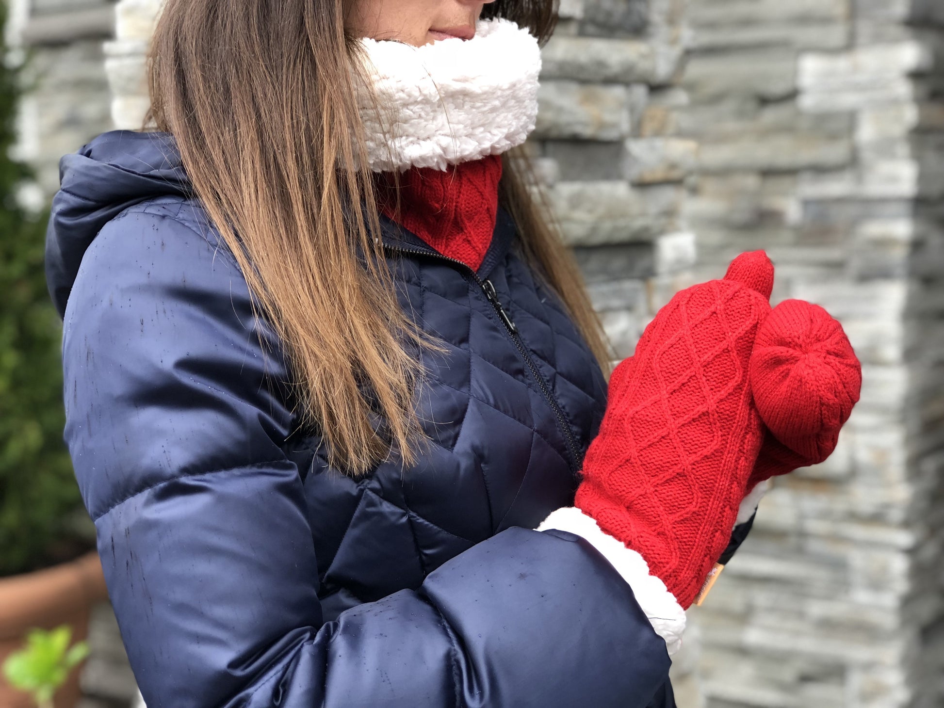 Pudus Cable Knit Winter Infinity Scarf, Fleece-Lined Neck Warmer Circle Snood Cable Knit Red - Snood