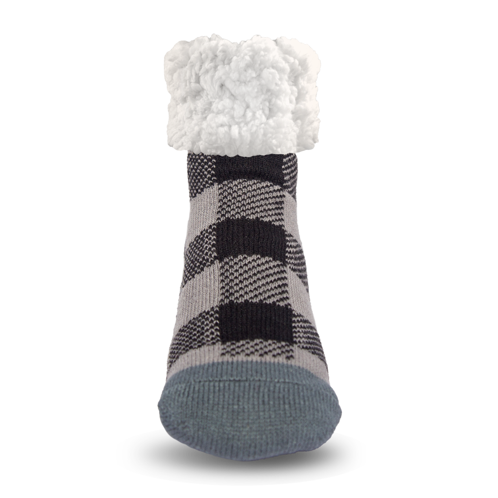 Pudus Cozy Winter Slipper Socks for Women and Men with Non-Slip Grippers and Faux Fur Sherpa Fleece - Adult Regular Fuzzy Socks Regular and Large Lumberjack Grey - Classic Slipper Sock