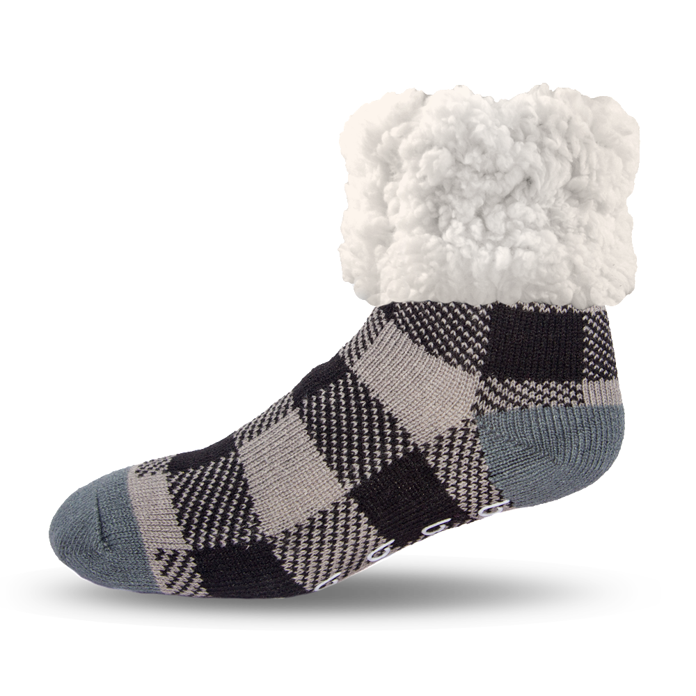 Pudus Cozy Winter Slipper Socks for Women and Men with Non-Slip Grippers and Faux Fur Sherpa Fleece - Adult Regular Fuzzy Socks Regular and Large Lumberjack Grey - Classic Slipper Sock