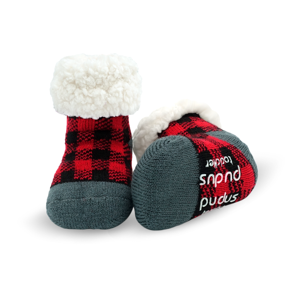 Pudus Cozy Winter Slipper Socks for Toddlers with Non-Slip Grippers and Faux Fur Sherpa Fleece - Baby Boy and Girl Fuzzy Socks (Ages 1-3) Lumberjack Red - Toddler  Slipper Sock