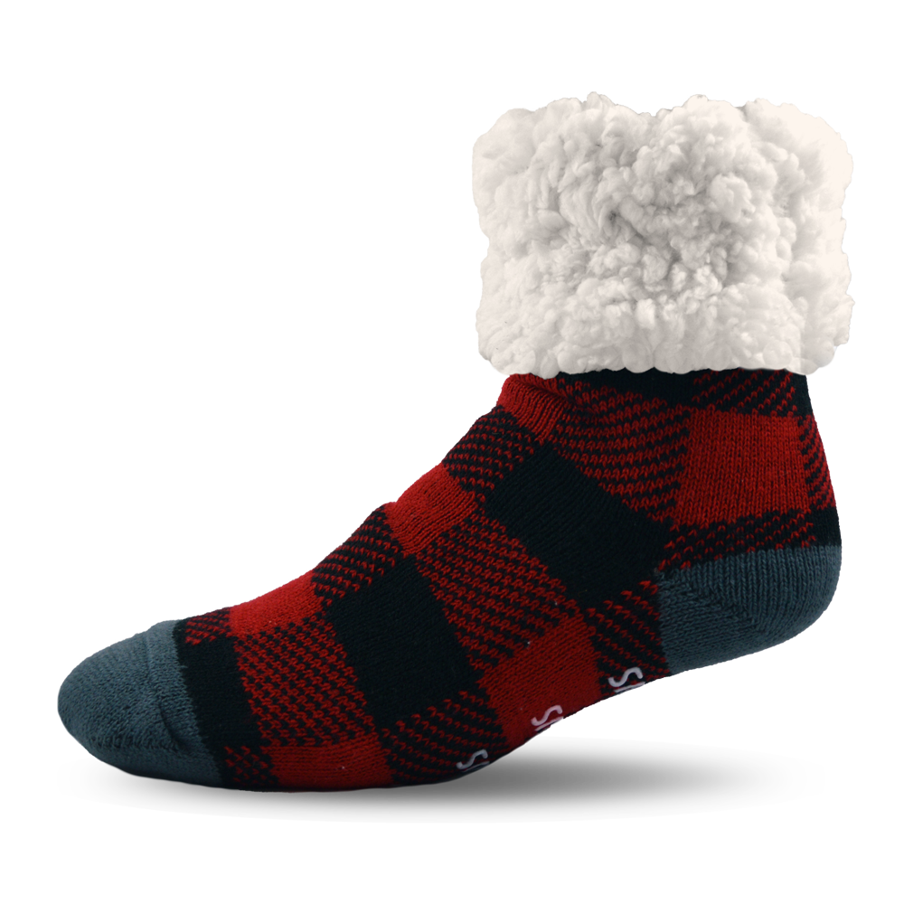 Pudus Cozy Winter Slipper Socks for Women and Men with Non-Slip Grippers and Faux Fur Sherpa Fleece - Adult Regular Fuzzy Regular and Large Socks Red Lumberjack - Classic Slipper Sock