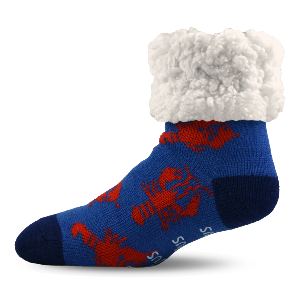 Pudus Cozy Winter Slipper Socks for Women and Men with Non-Slip Grippers and Faux Fur Sherpa Fleece - Adult Regular Fuzzy Socks Lobster Blue - Classic Slipper Socks