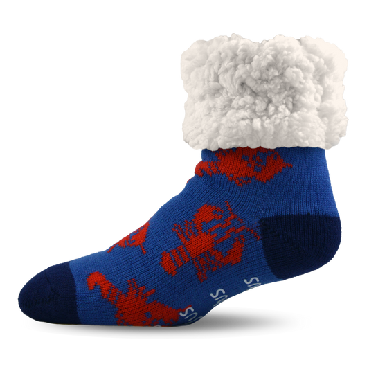 Pudus Cozy Winter Slipper Socks for Women and Men with Non-Slip Grippers and Faux Fur Sherpa Fleece - Adult Regular Fuzzy Socks Lobster Blue - Classic Slipper Socks