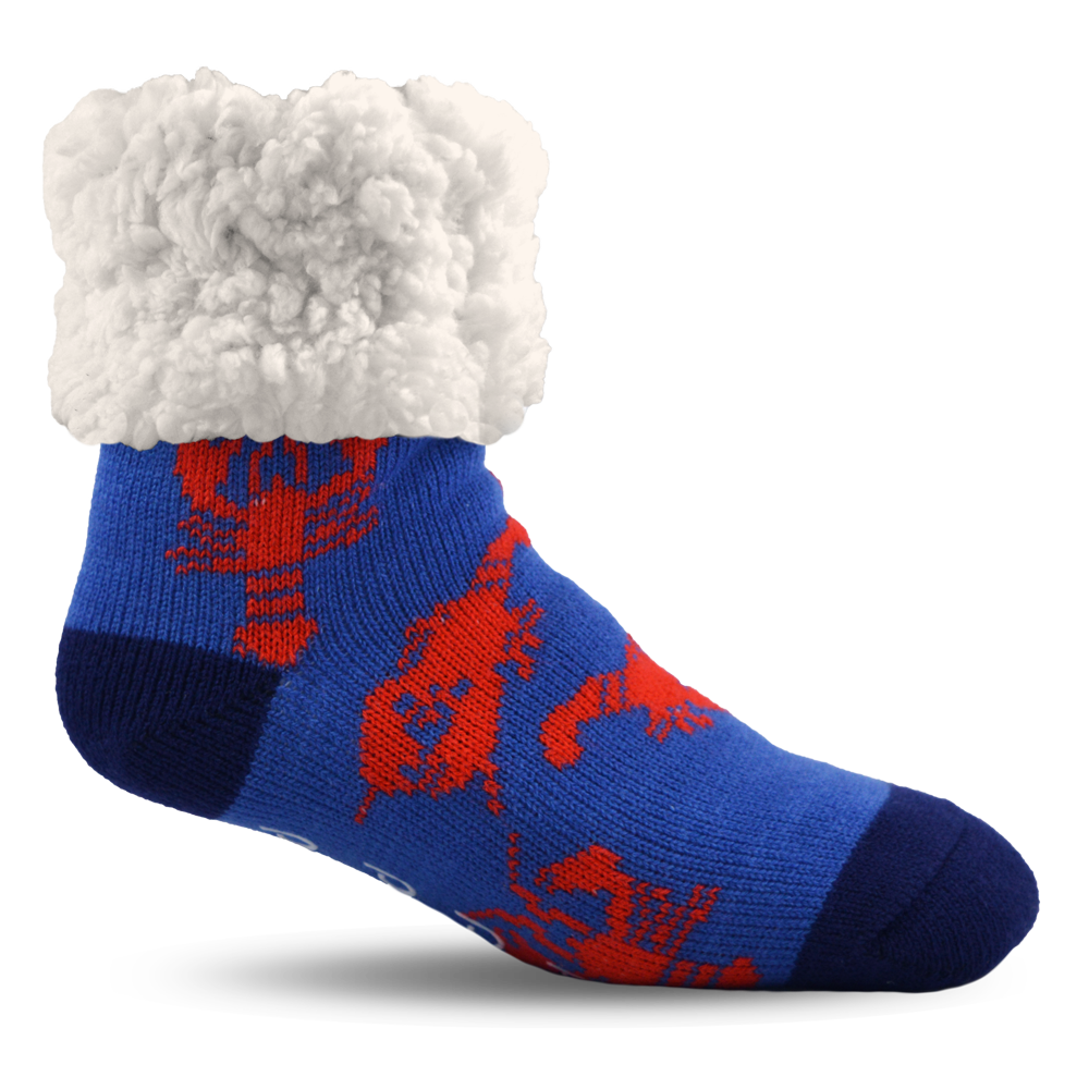 Pudus Cozy Winter Slipper Socks for Women and Men with Non-Slip Grippers and Faux Fur Sherpa Fleece - Adult Regular Fuzzy Socks Lobster Blue - Classic Slipper Socks