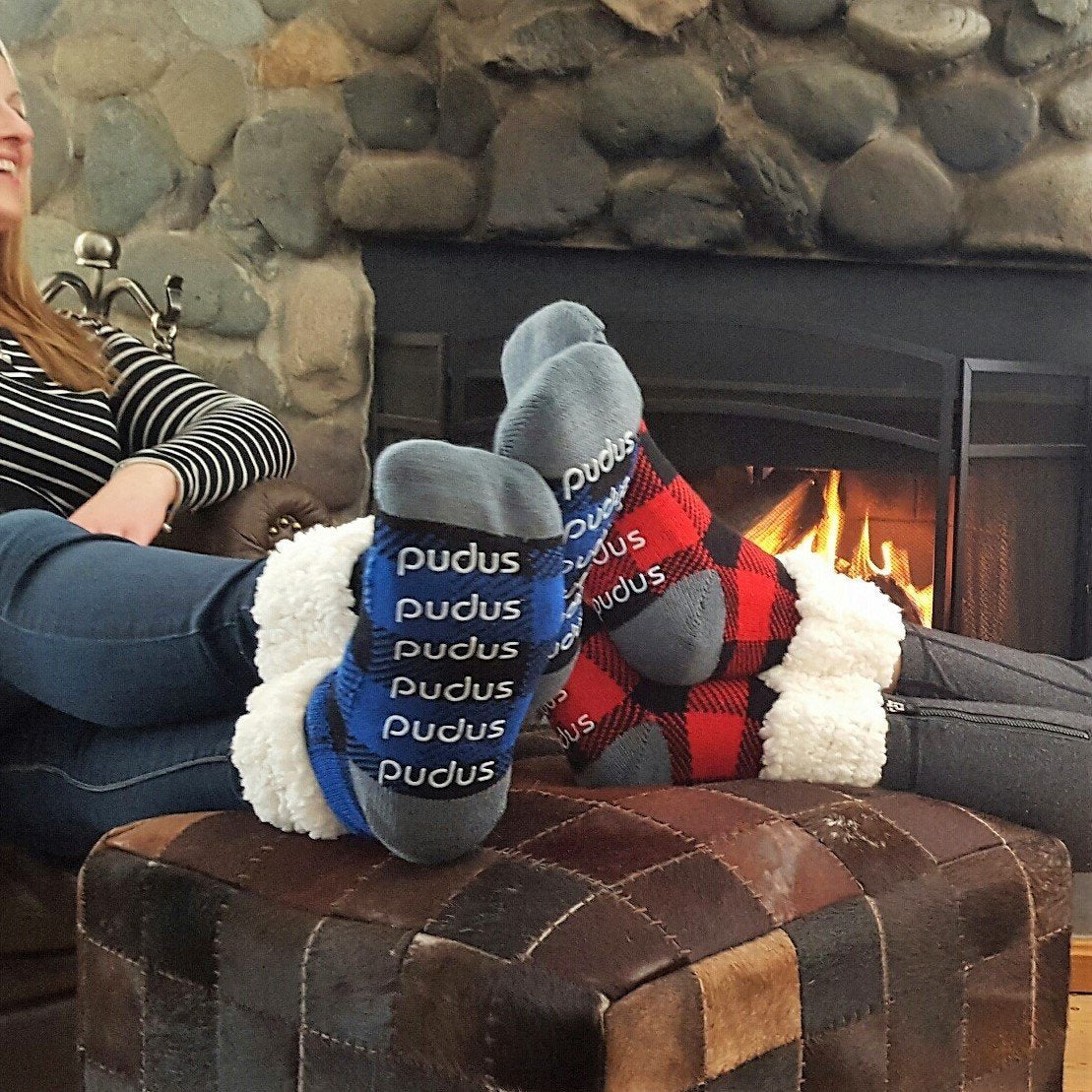 Pudus Cozy Winter Slipper Socks for Women and Men with Non-Slip Grippers and Faux Fur Sherpa Fleece - Adult Regular Fuzzy Regular and Large Socks Red Lumberjack - Classic Slipper Sock