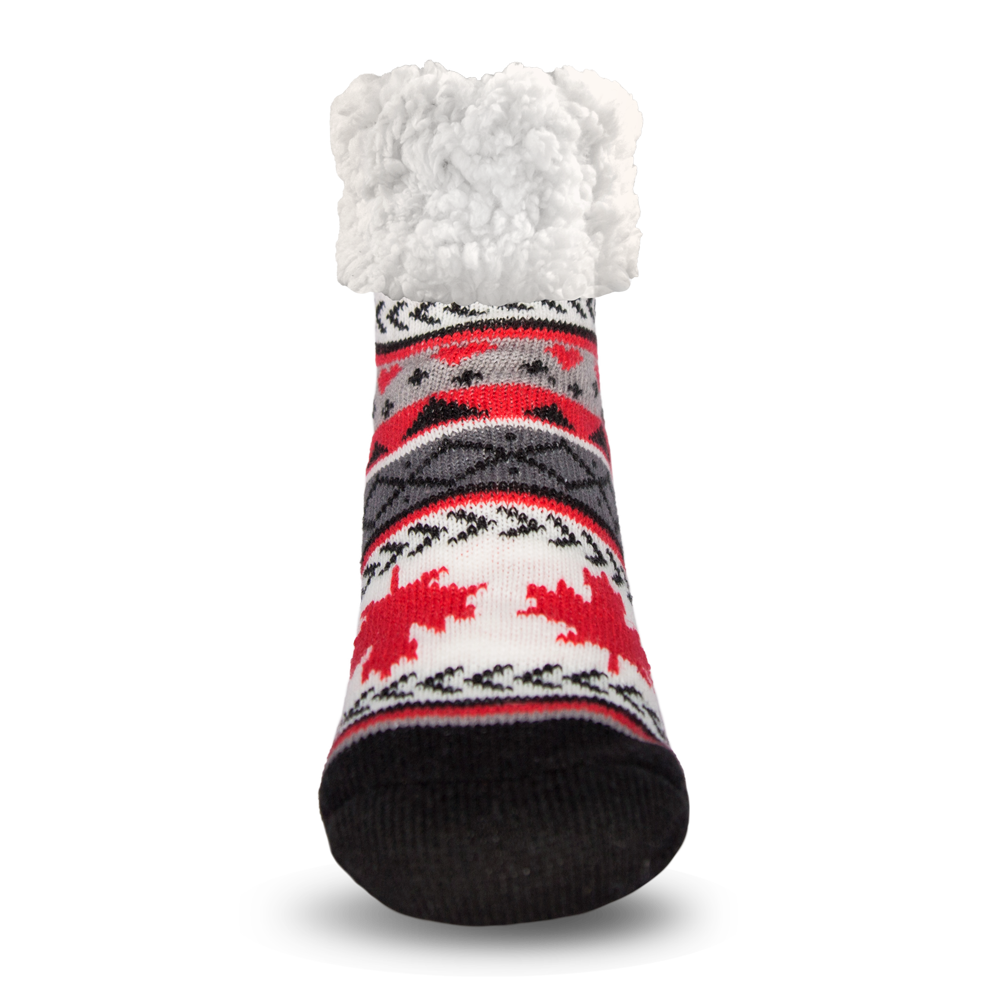 Pudus Cozy Winter Slipper Socks for Women and Men with Non-Slip Grippers and Faux Fur Sherpa Fleece - Adult Regular Fuzzy Socks Maple Leaf Grey - Classic Slipper Sock