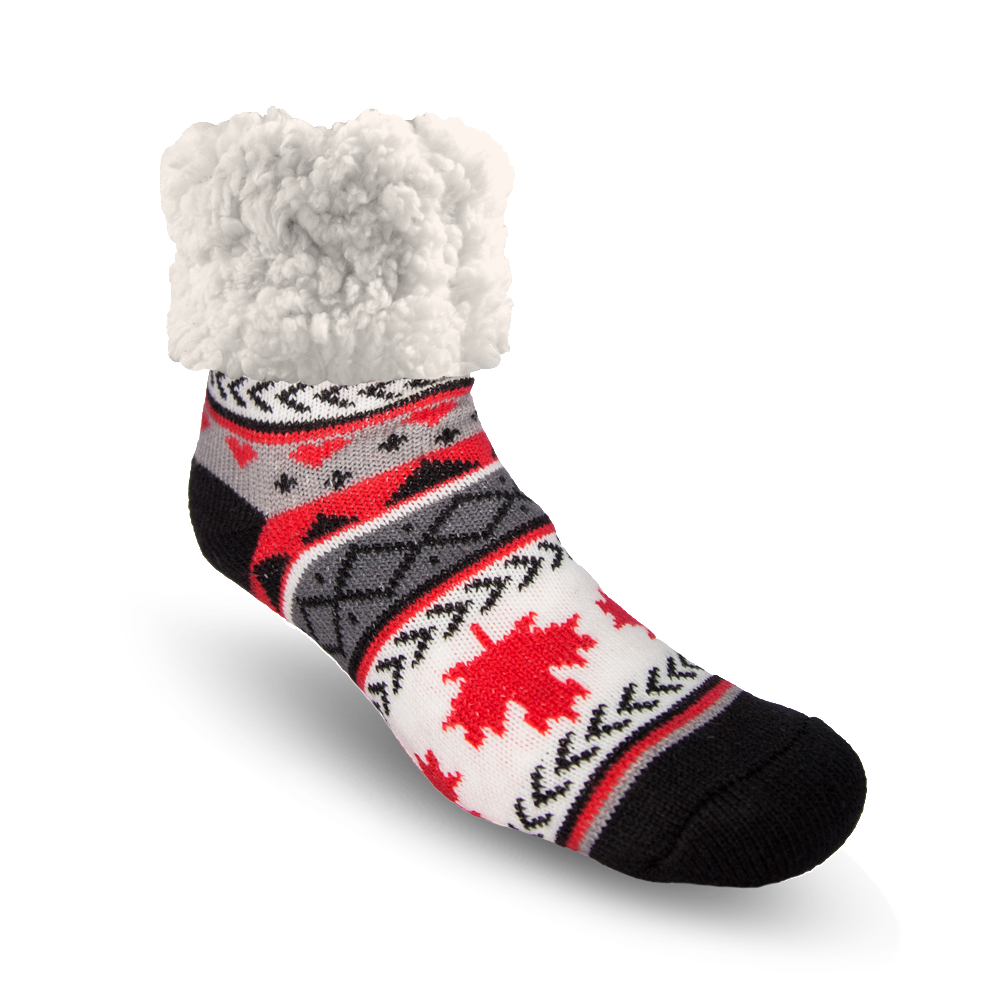 Pudus Cozy Winter Slipper Socks for Women and Men with Non-Slip Grippers and Faux Fur Sherpa Fleece - Adult Regular Fuzzy Socks Maple Leaf Grey - Classic Slipper Sock