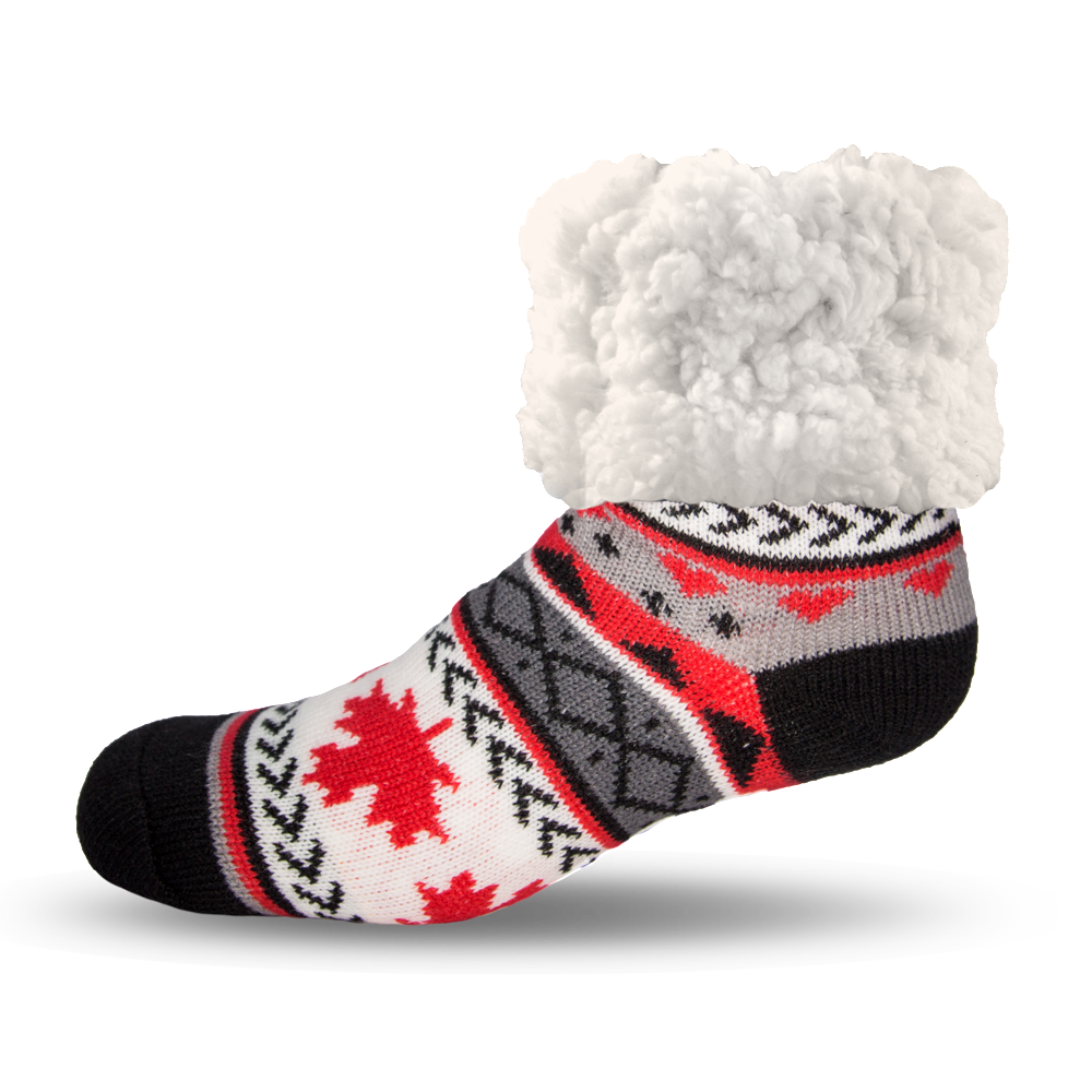 Pudus Cozy Winter Slipper Socks for Women and Men with Non-Slip Grippers and Faux Fur Sherpa Fleece - Adult Regular Fuzzy Socks Maple Leaf Grey - Classic Slipper Sock