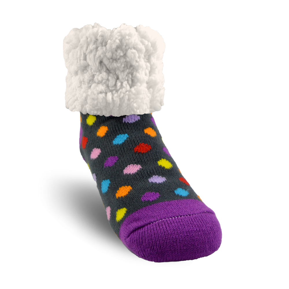 Pudus Cozy Winter Slipper Socks for Women and Men with Non-Slip Grippers and Faux Fur Sherpa Fleece - Adult Regular Fuzzy Socks Polka Dot Multi - Classic Slipper Sock