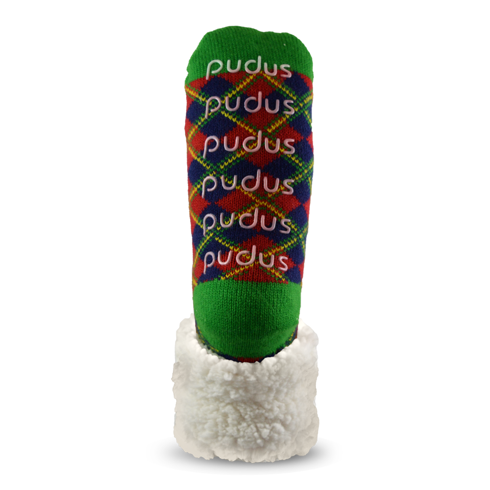 Pudus Cozy Winter Slipper Socks for Women and Men with Non-Slip Grippers and Faux Fur Sherpa Fleece - Adult Regular Fuzzy Socks Plaid Red - Classic Slipper Sock
