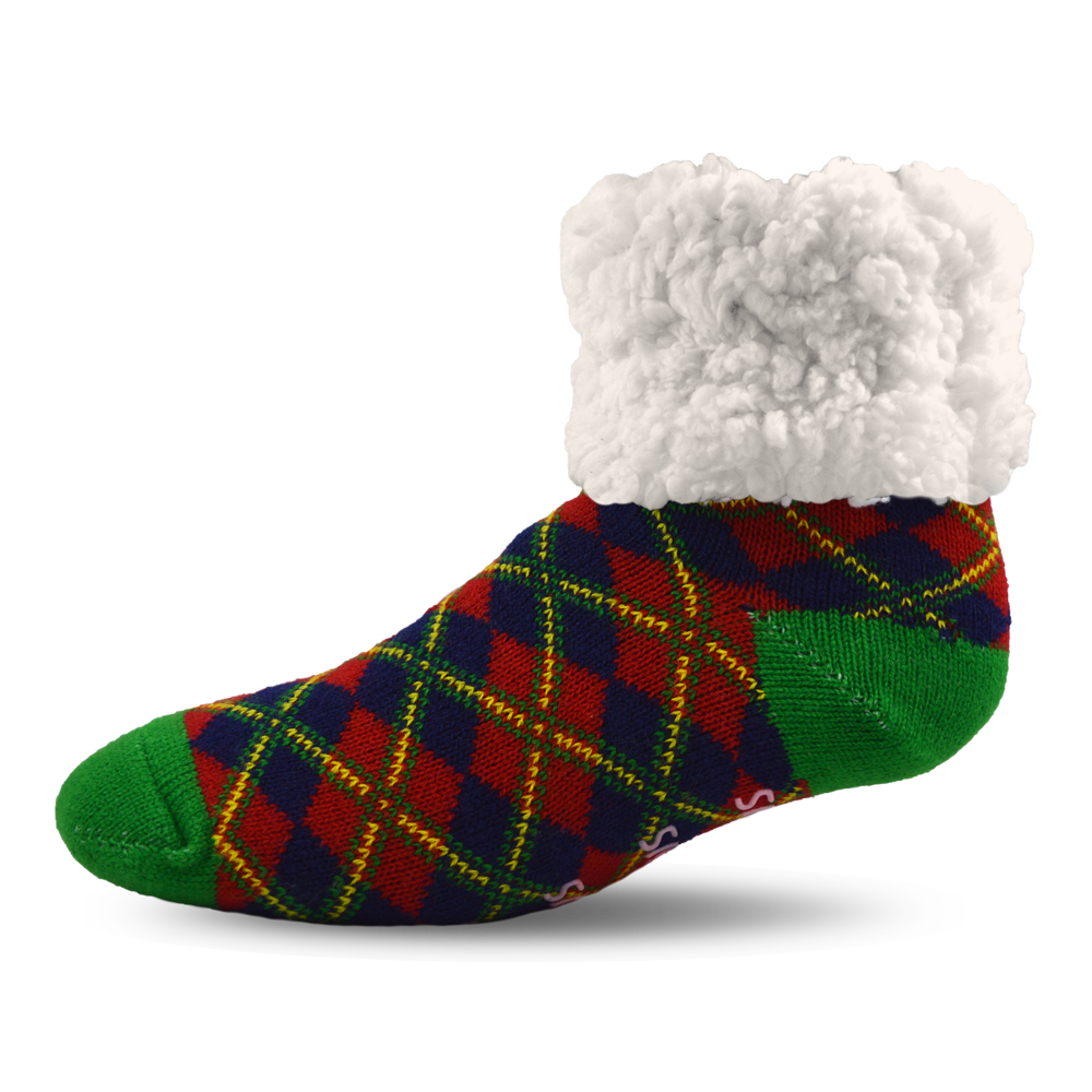 Pudus Cozy Winter Slipper Socks for Women and Men with Non-Slip Grippers and Faux Fur Sherpa Fleece - Adult Regular Fuzzy Socks Plaid Red - Classic Slipper Sock