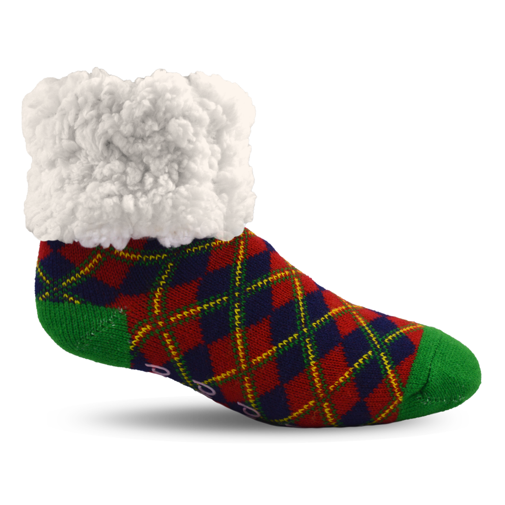 Pudus Cozy Winter Slipper Socks for Women and Men with Non-Slip Grippers and Faux Fur Sherpa Fleece - Adult Regular Fuzzy Socks Plaid Red - Classic Slipper Sock