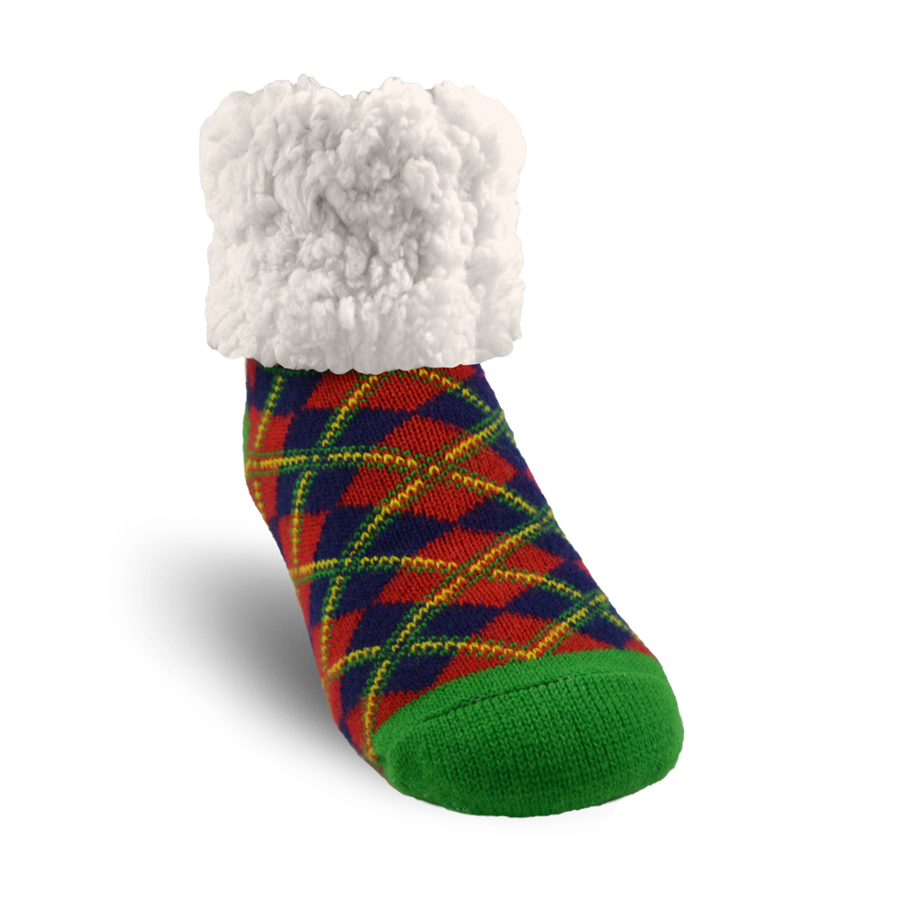 Pudus Cozy Winter Slipper Socks for Women and Men with Non-Slip Grippers and Faux Fur Sherpa Fleece - Adult Regular Fuzzy Socks Plaid Red - Classic Slipper Sock