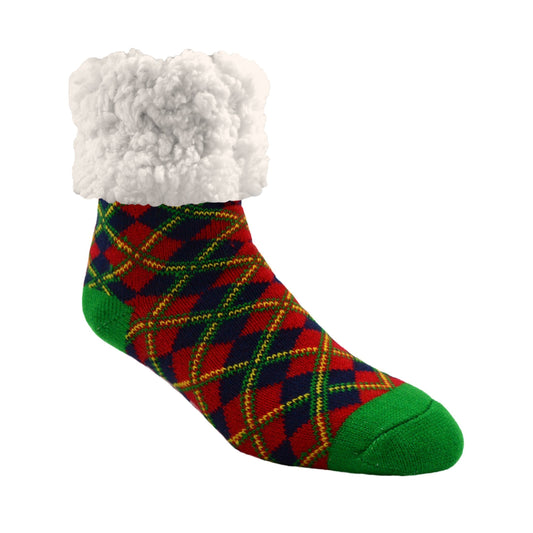 Pudus Classic Plaid Red Christmas slipper socks with green heal and toe