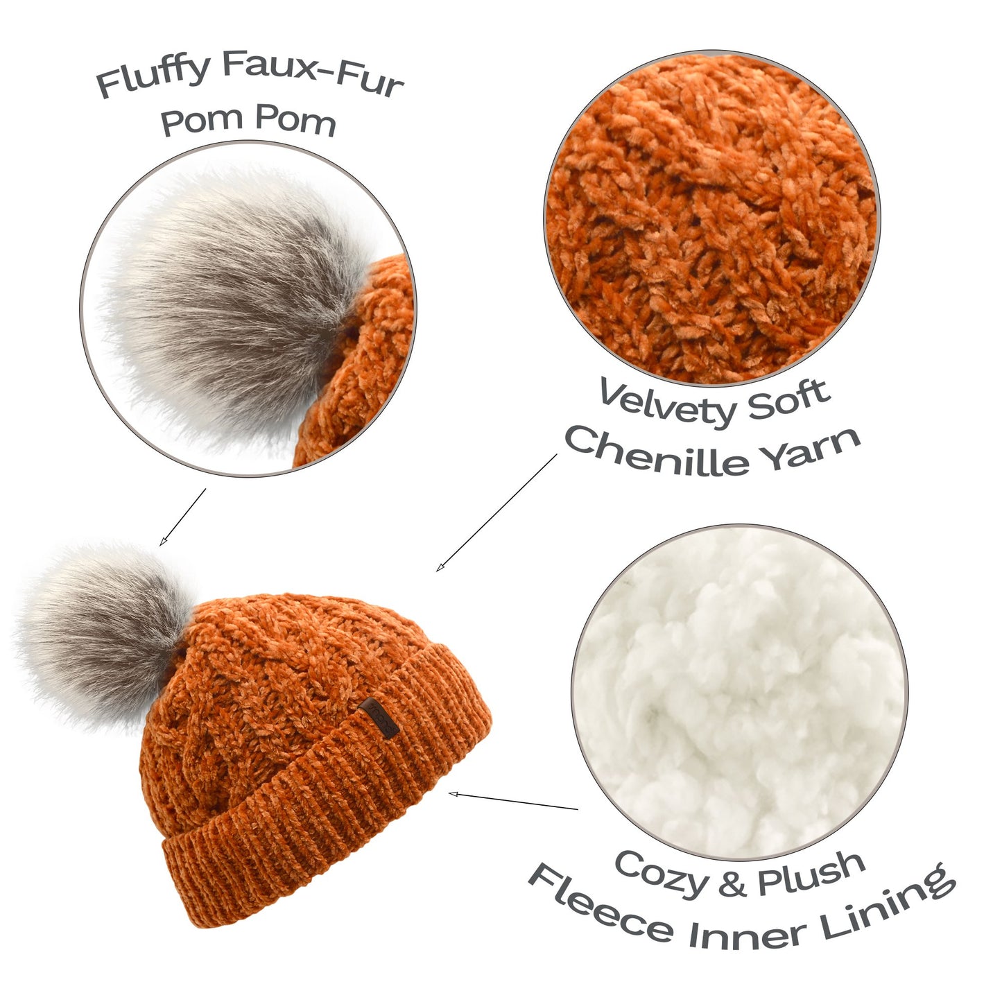 Peach Caramel Chenille Cable Knit - Beanie Hat Adult